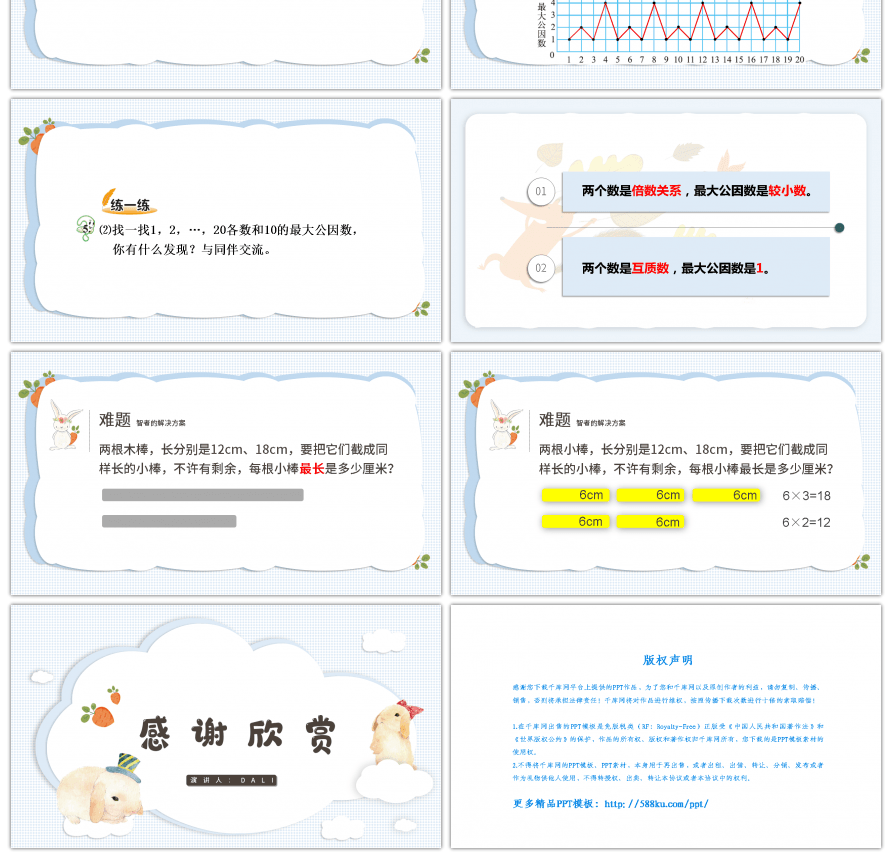 蓝色卡通教育五年级数学最大公因数公开课ppt课件