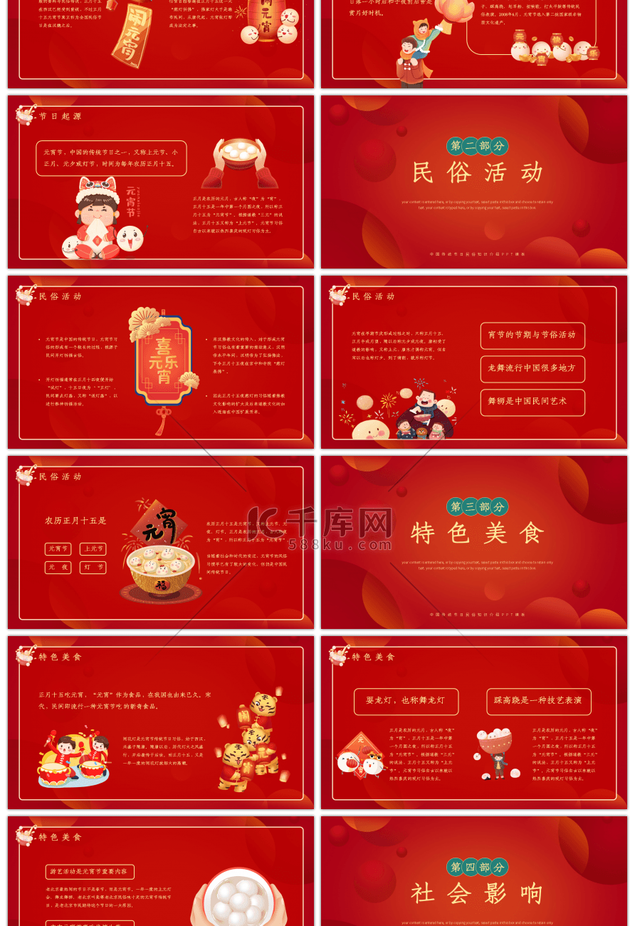 红色喜庆正月十五元宵节民俗介绍PPT模板