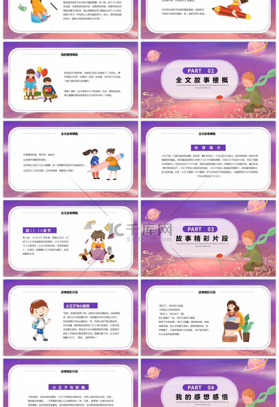 紫色卡通风小王子读书分享课件PPT模板