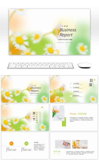 小雏菊雏菊绿色清新年中总结PPT模板