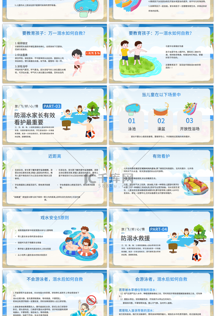 夏季安全教育溺水救生蓝色卡通PPT模板