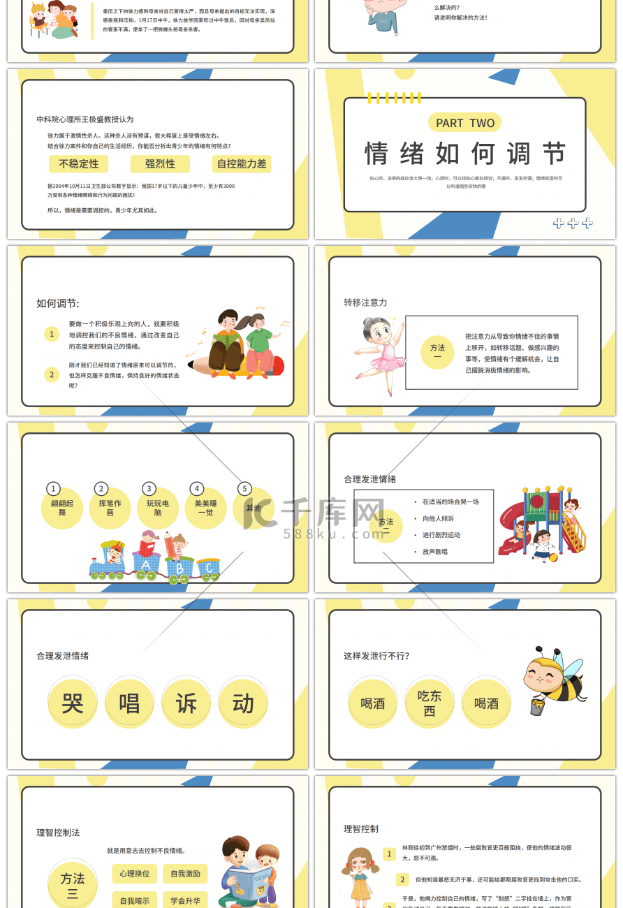 简约几何黄色学会调节情绪PPT模板