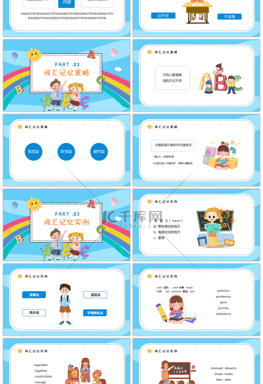 蓝色卡通风英语词汇记忆方法PPT模板