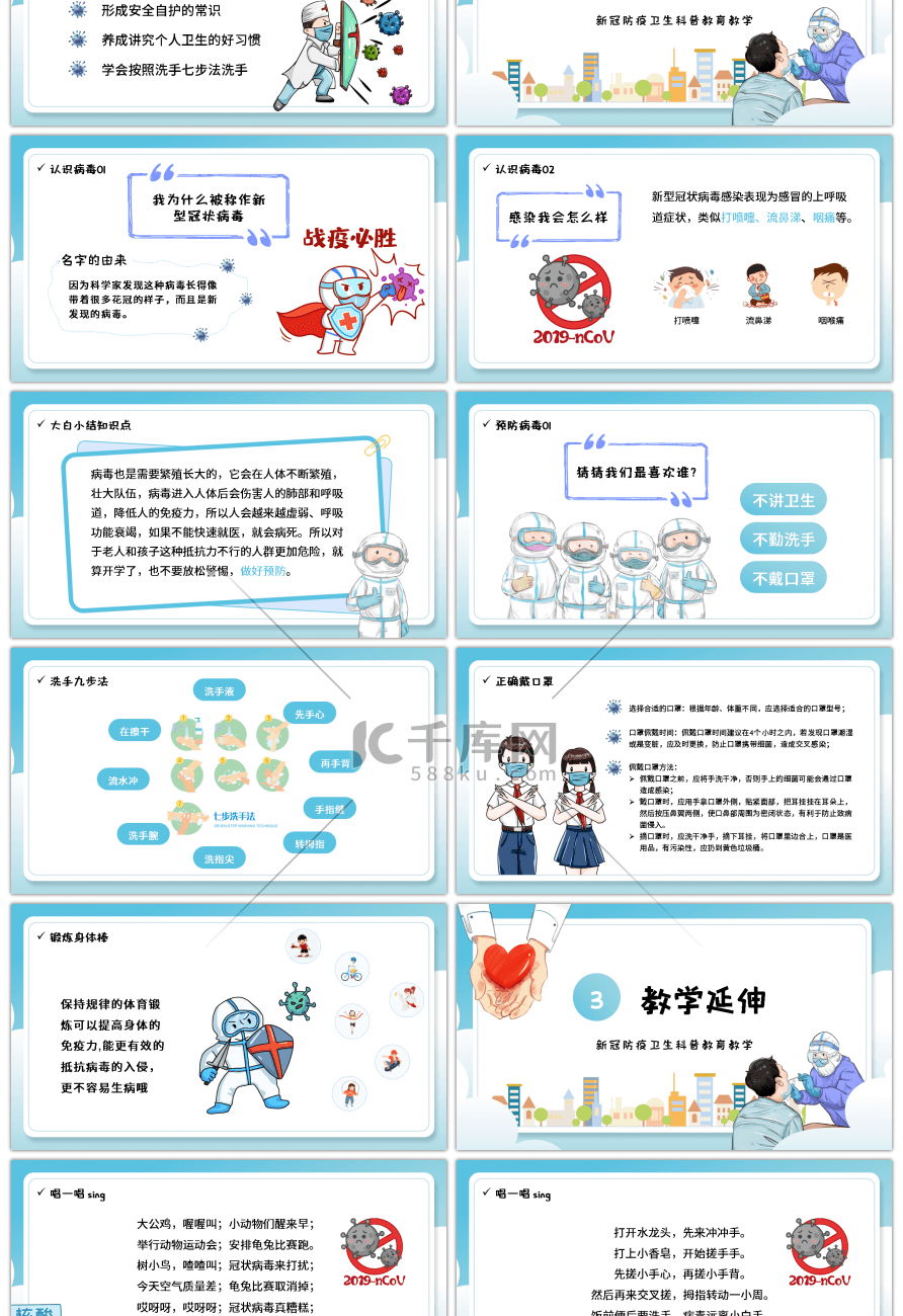 卡通新冠防疫卫生科普教育教学班会PPT