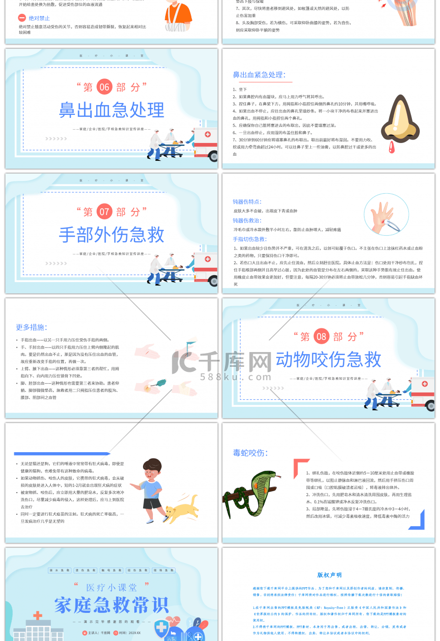 蓝色医疗家庭急救常识PPT模板