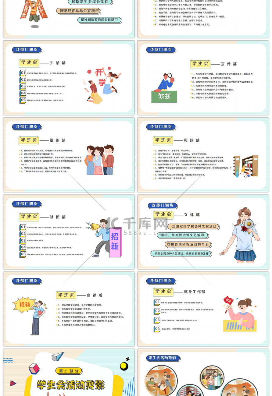 黄色卡通校园学生会招新纳新PPT模板