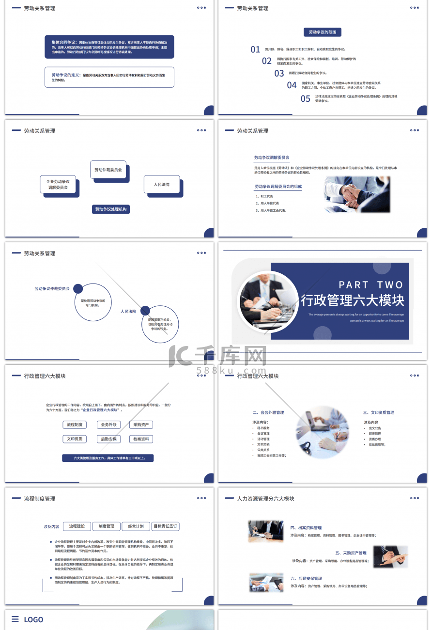蓝色商务简约行政人事管理六大模块PPT模板