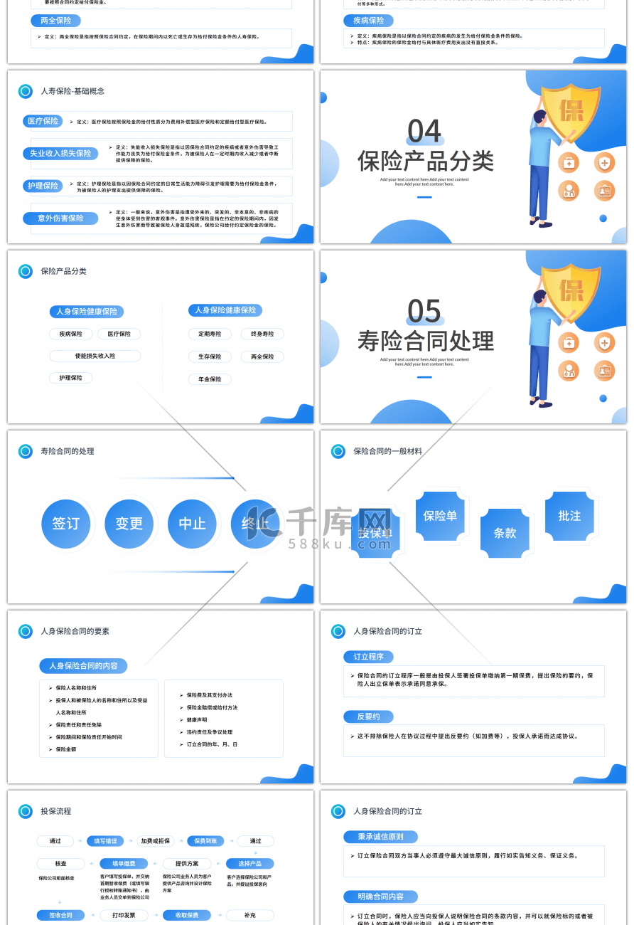 蓝色2.5D保险基础知识PPT模板