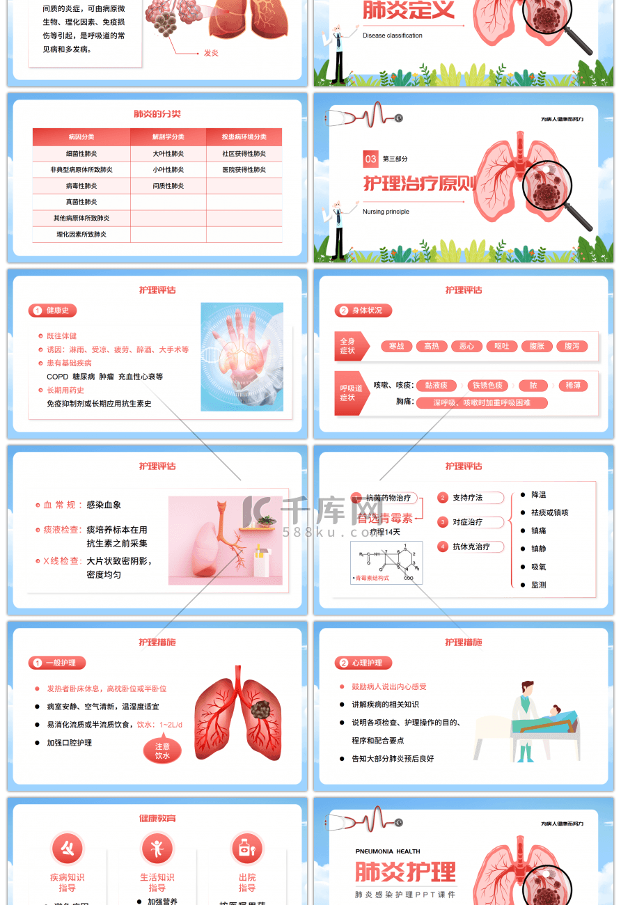 红色简约肺炎感染护理培训PPT模板