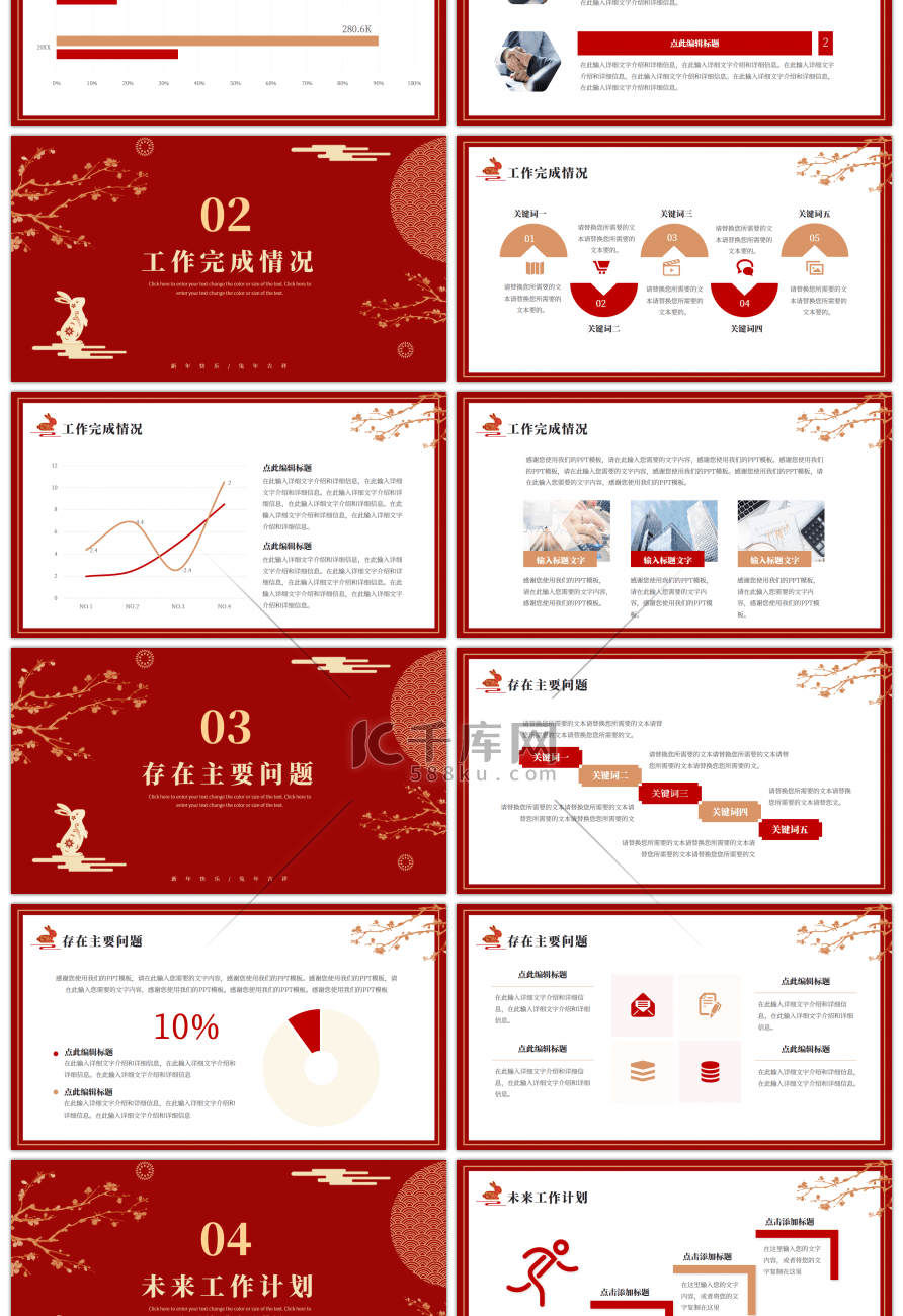 红色金色兔年新年工作汇报PPT模板