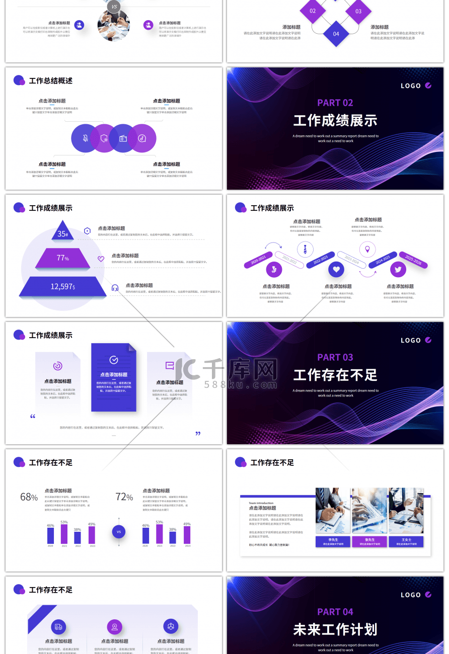 蓝色紫色科技曲线工作述职汇报PPT模板