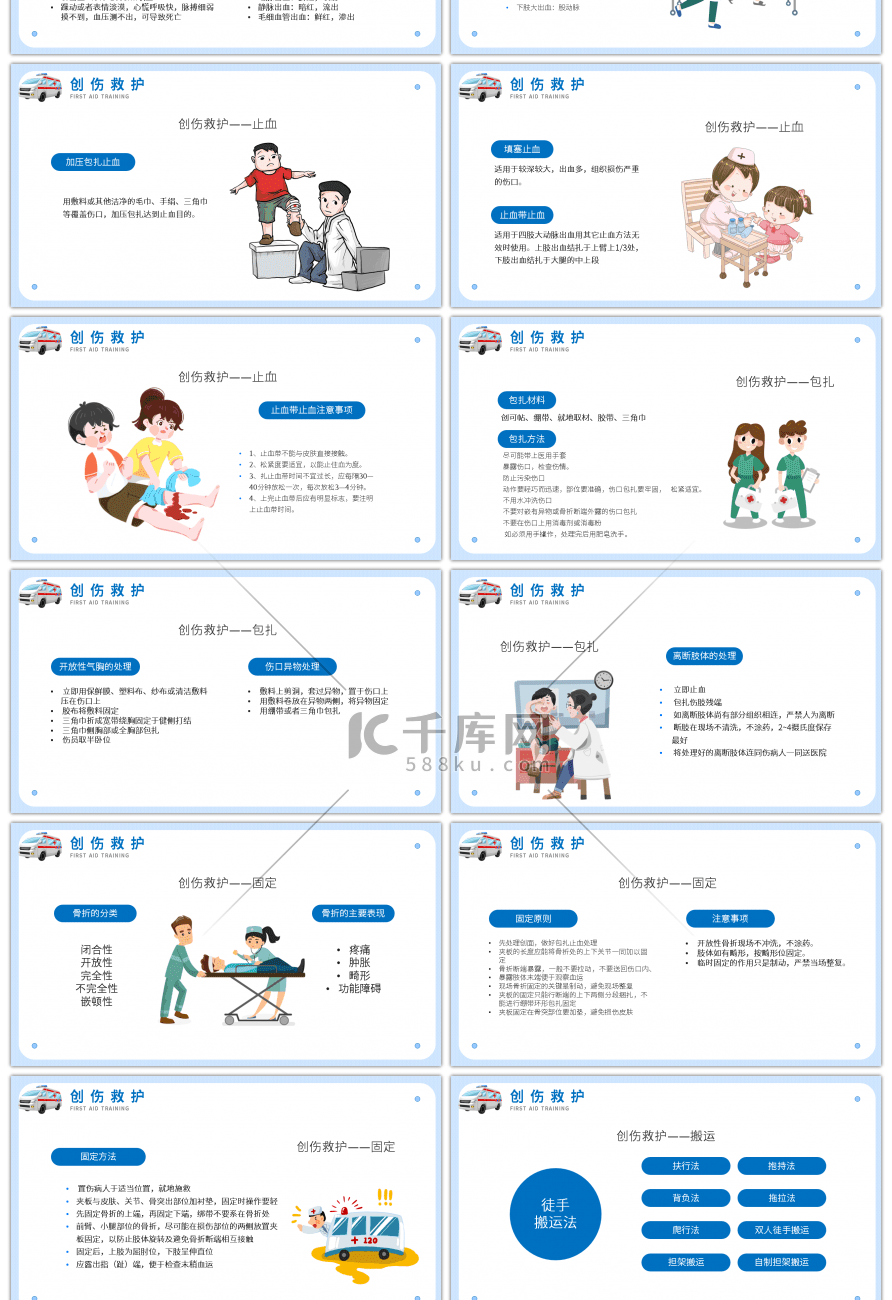 蓝色扁平aid急救医疗知识培训PPT模板