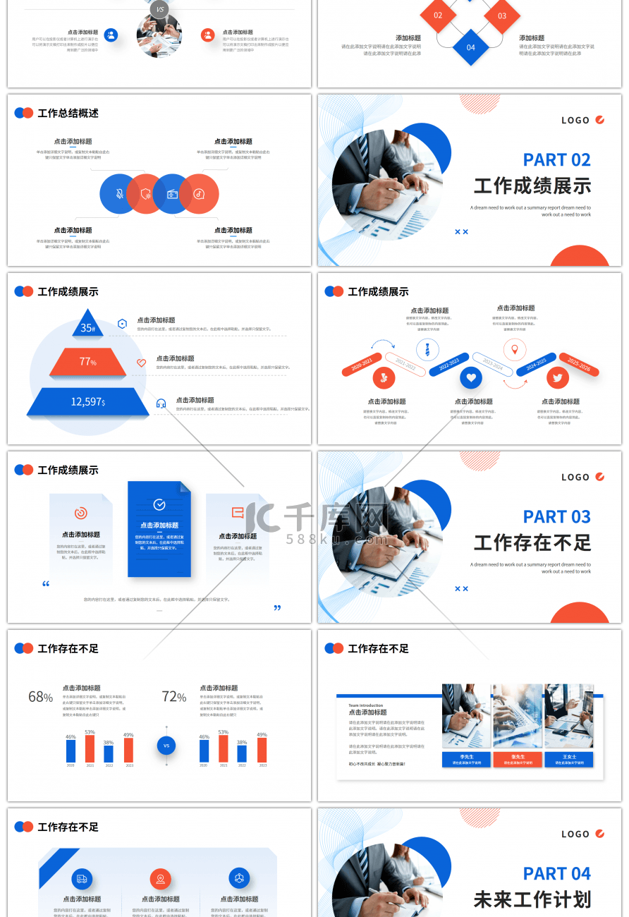 橙色蓝色简约商务工作述职汇报PPT模板