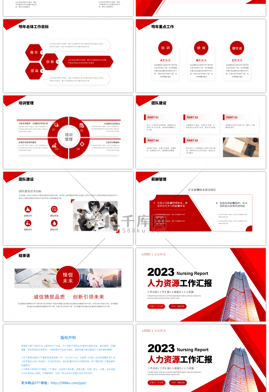 红色系商务风2023人力资源工作汇报PPT模板