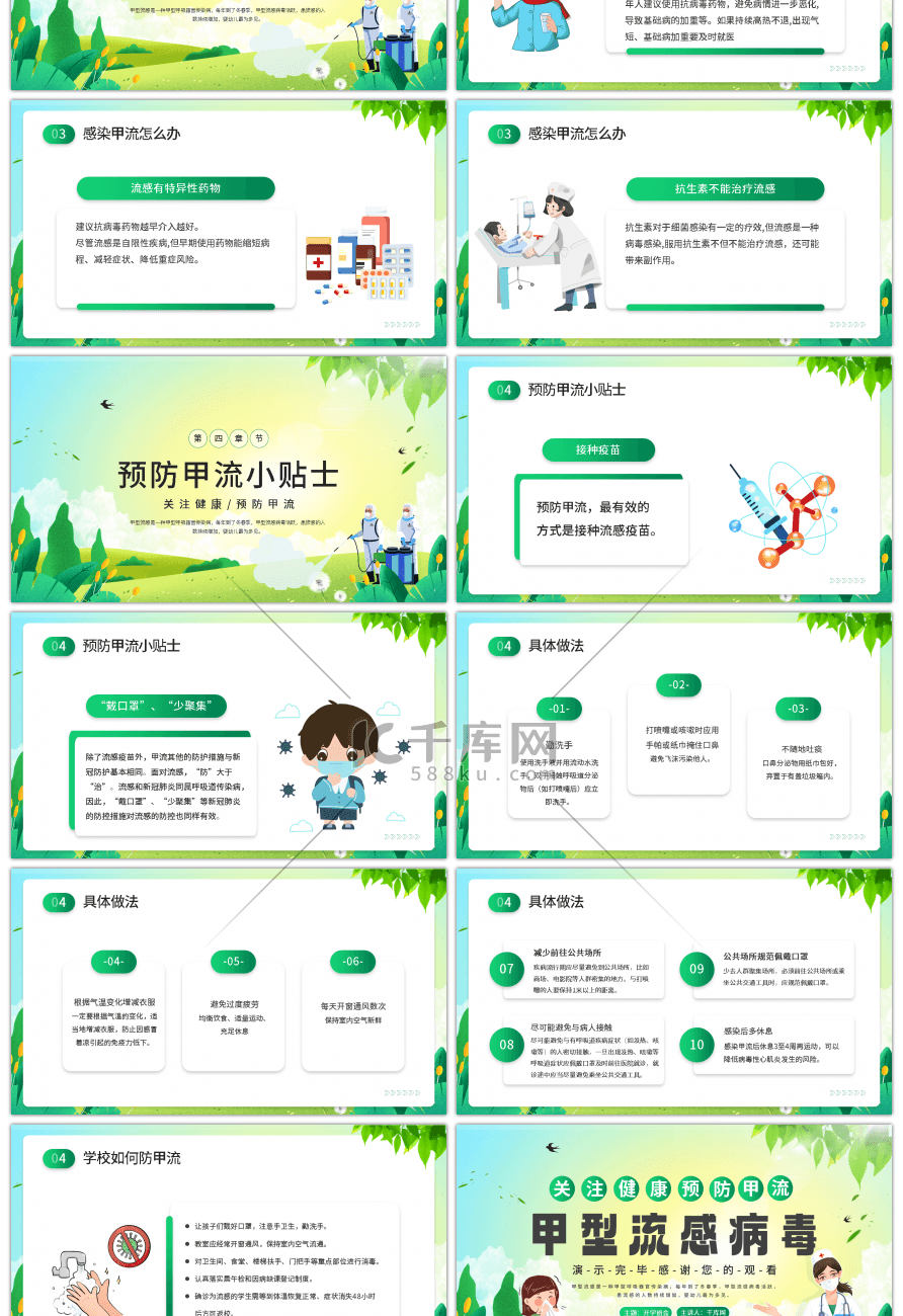 绿色小清新卡通甲型流感病毒科普讲座PPT