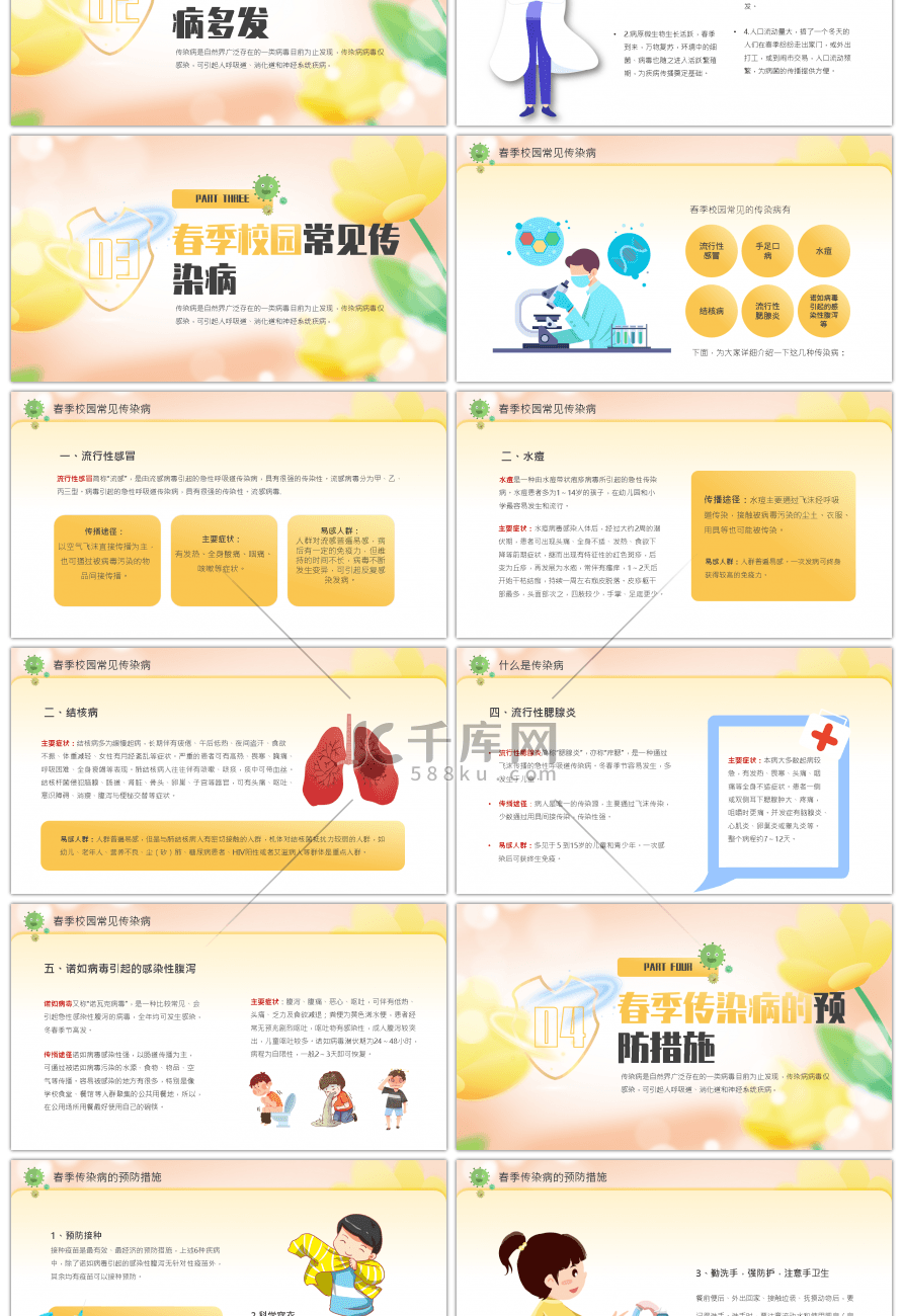 黄色卡通风春季中小学生传染病预防课件