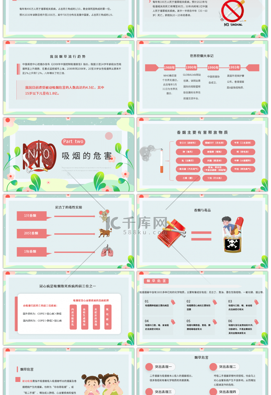 绿色卡通控烟知识培训PPT模板