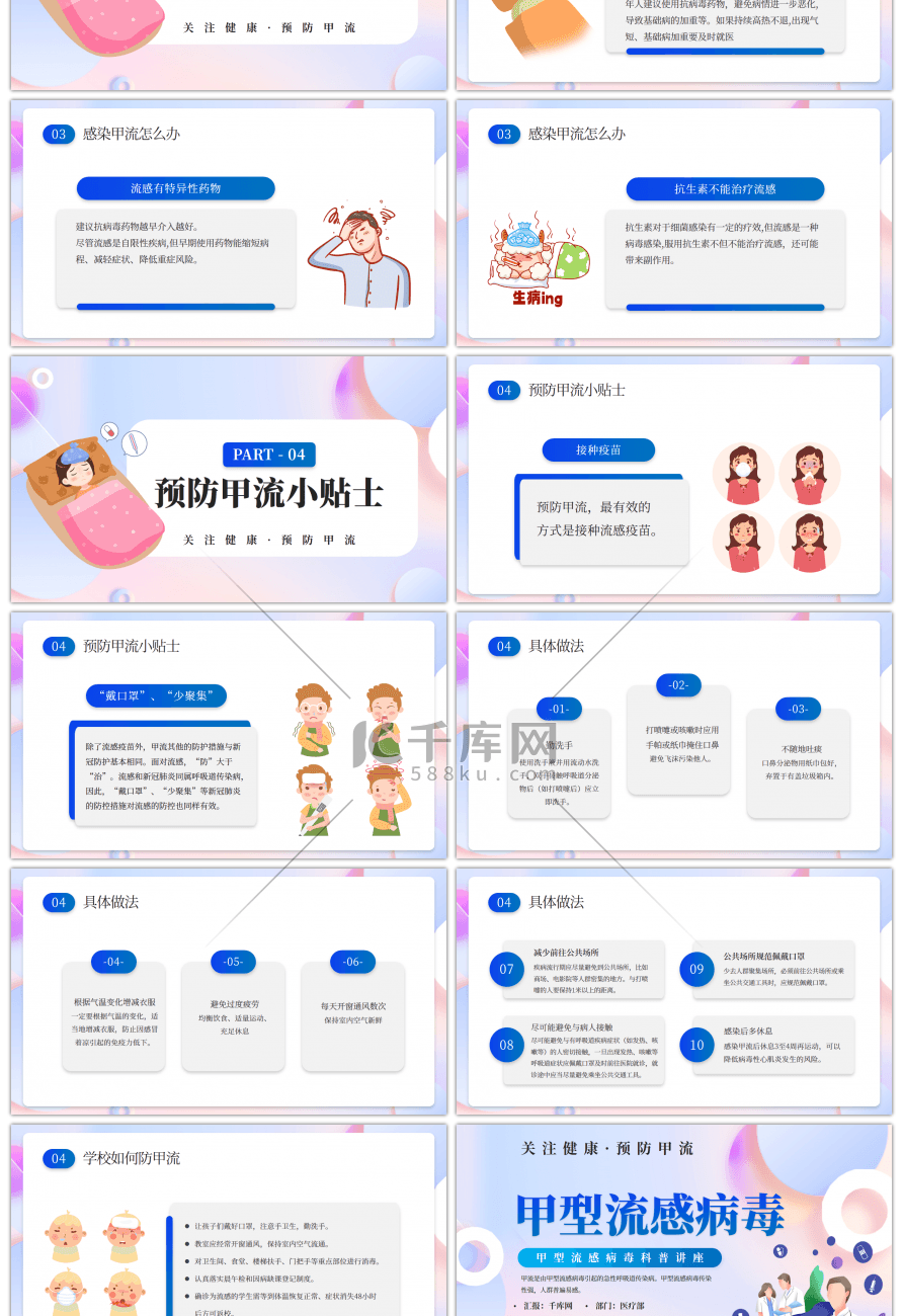 蓝色卡通甲型流感病毒科普讲座PPT模板