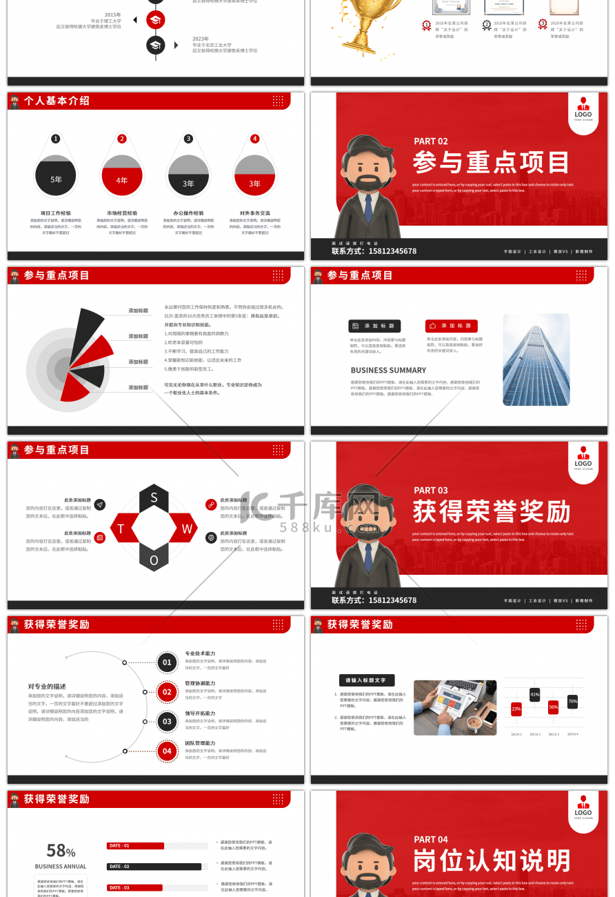 红色商务风个人工作简历介绍PPT模板