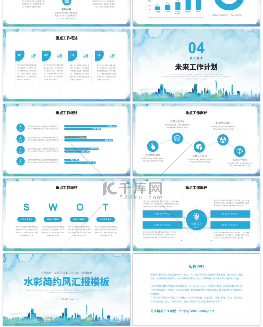 蓝色水彩简约风汇报总结通用PPT模板