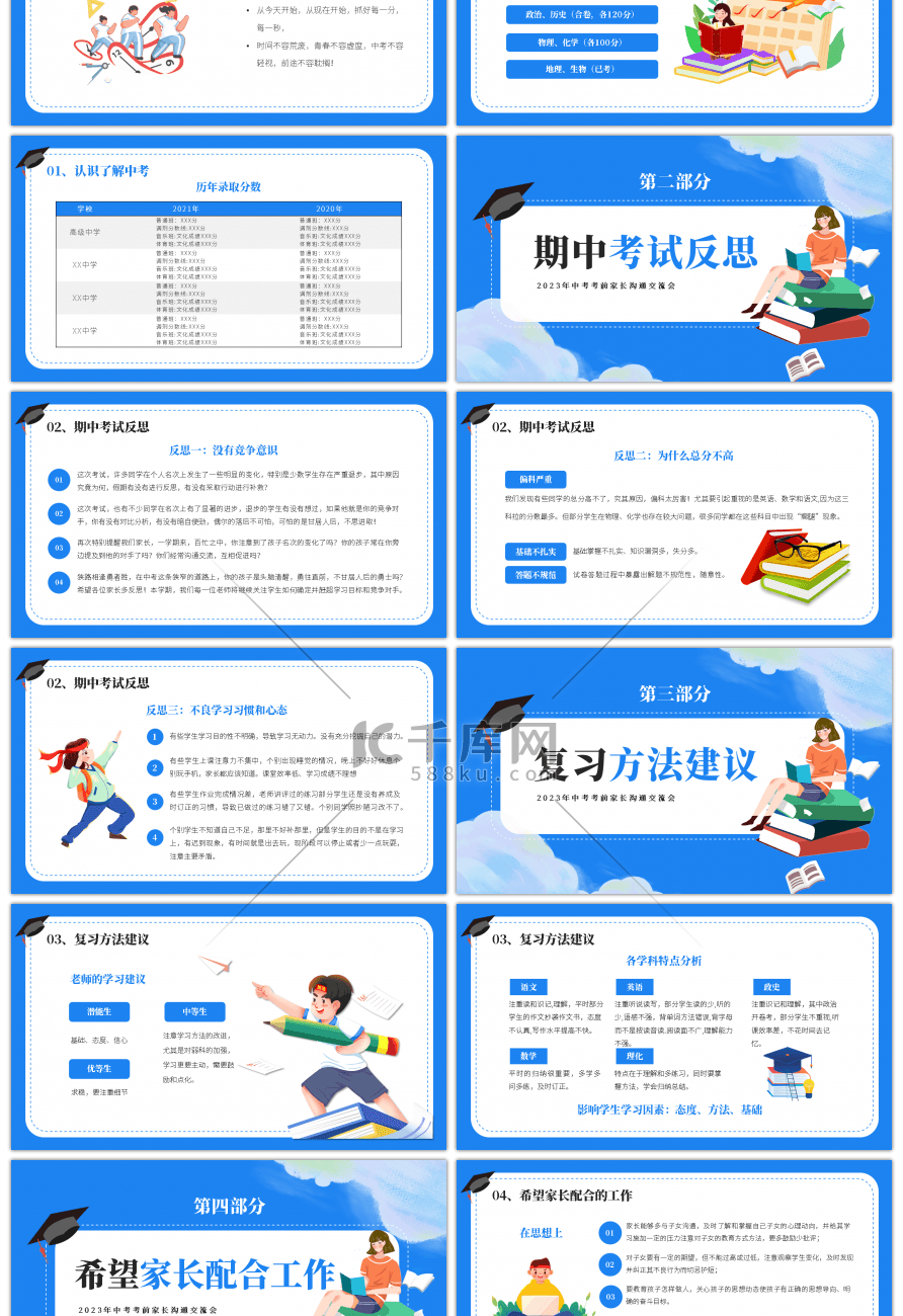 蓝色卡通风中考前家长交流会PPT