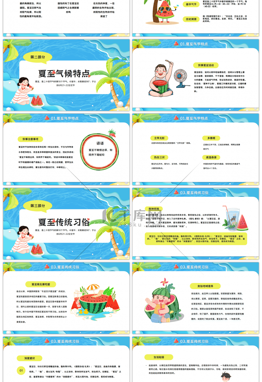 蓝色卡通风二十四节气之夏至ppt模板