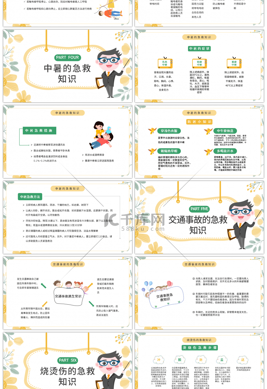 黄色温馨卡通小学急救知识培训课件PPT模