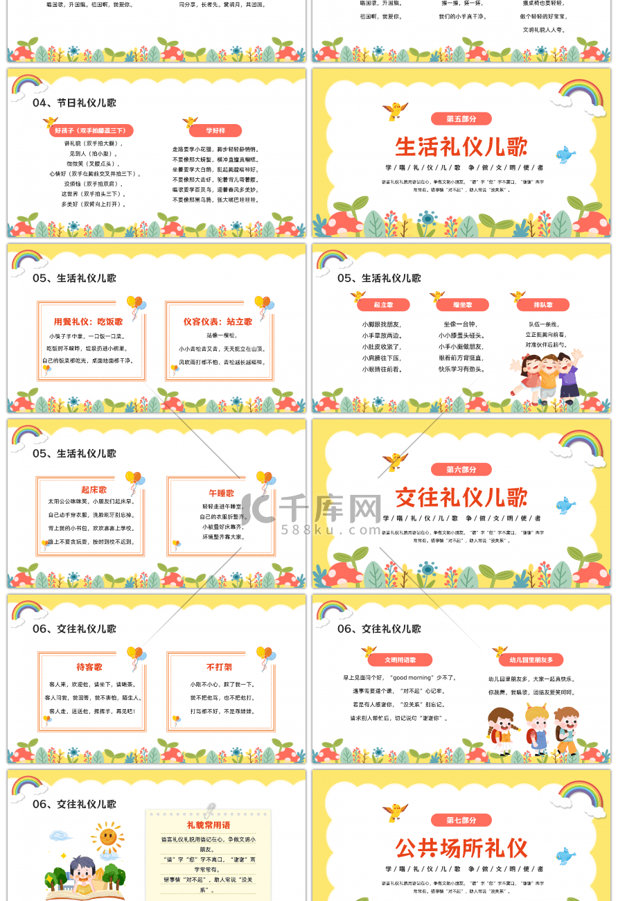 黄色卡通风文明礼仪儿歌ppt模板