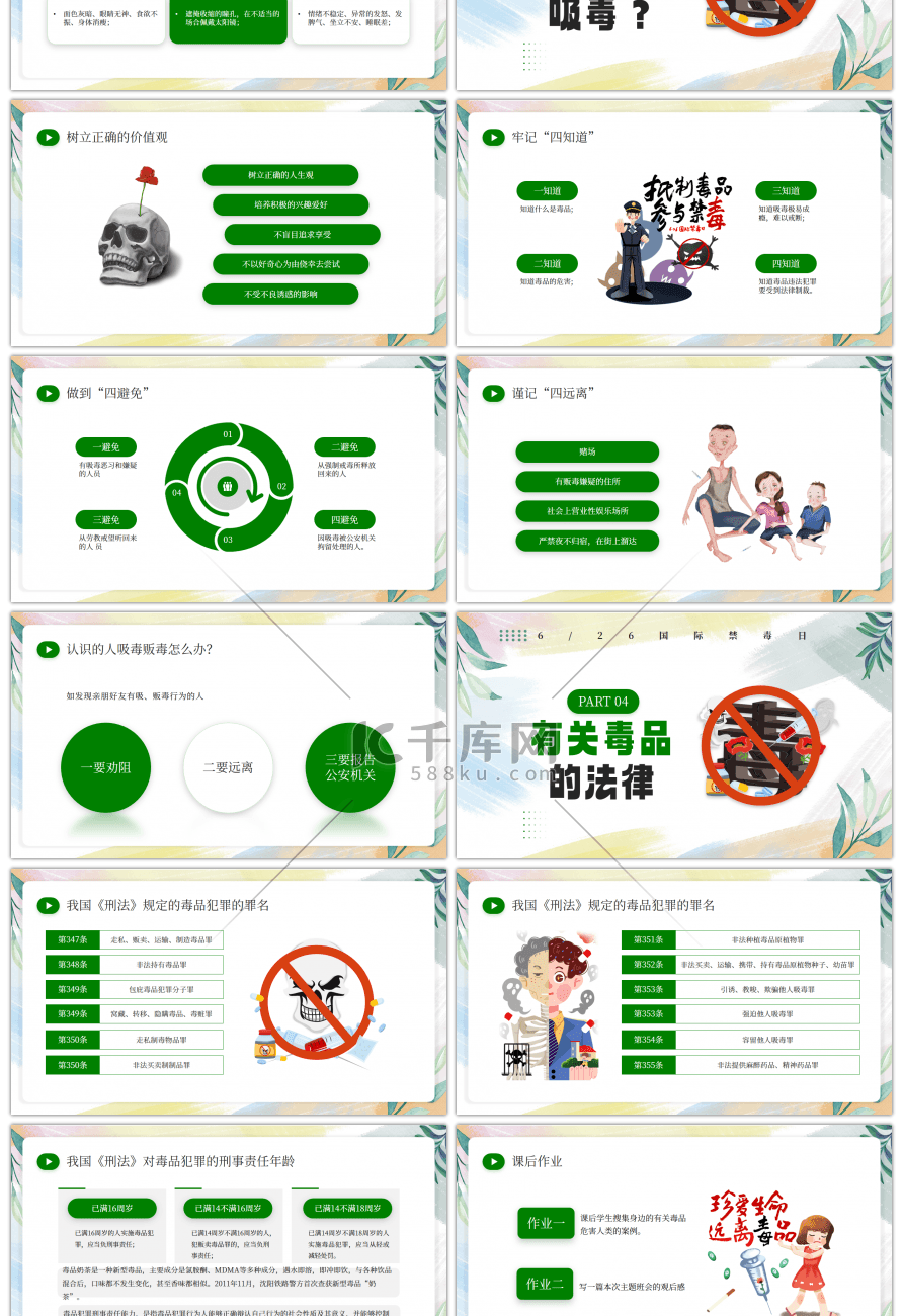 绿色卡通小学生禁毒主题班会PPT模板