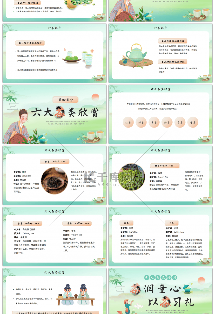 绿色中国风少儿茶艺培训PPT模板