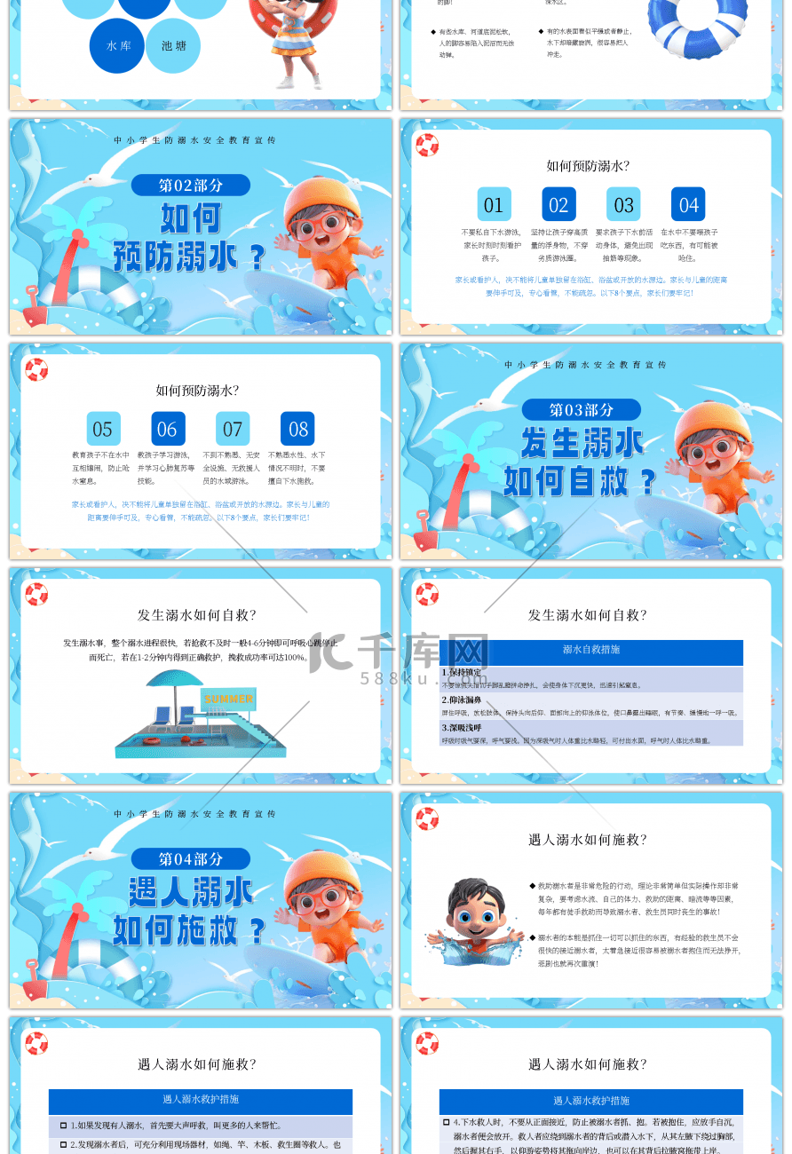 蓝色中小学生防溺水安全教育PPT模板