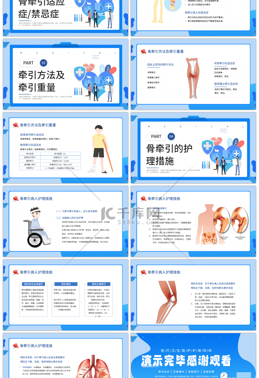 蓝色扁平医疗骨牵引病人的护理PPT模板