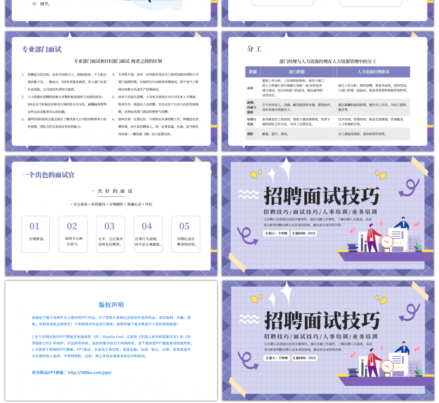 紫色创意招聘面试技巧培训PPT模板