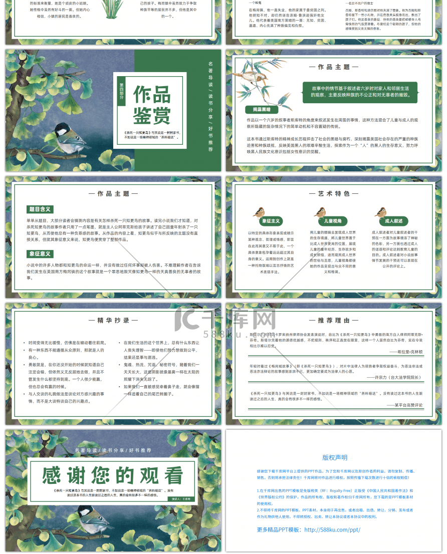 绿色卡通风名著导读杀死一只知更鸟PPT
