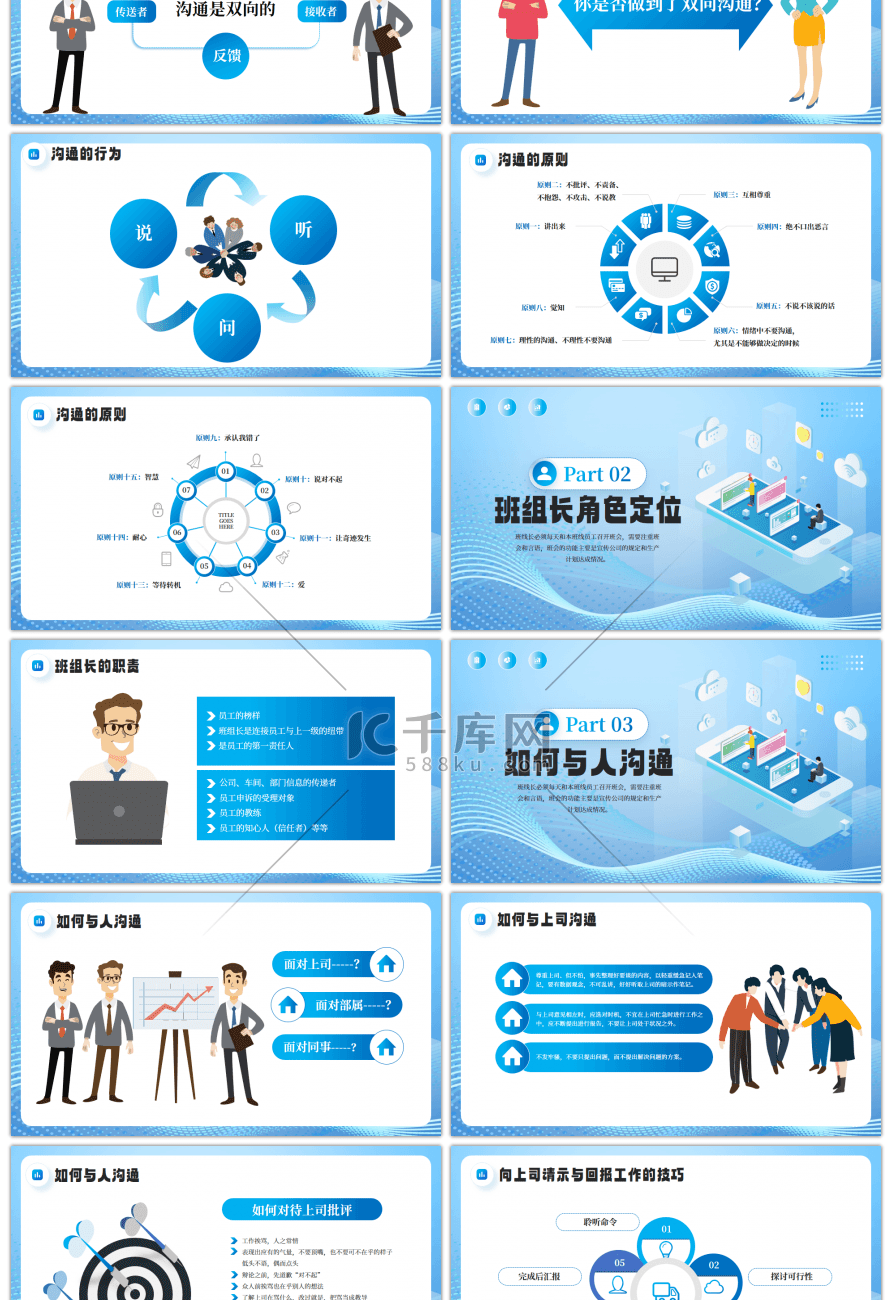 蓝色班组沟通与管理技巧PPT模板