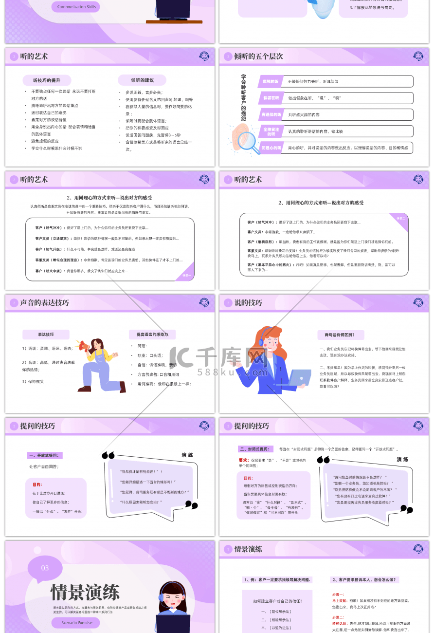 紫色卡通风客服的心态及沟通技巧PPT