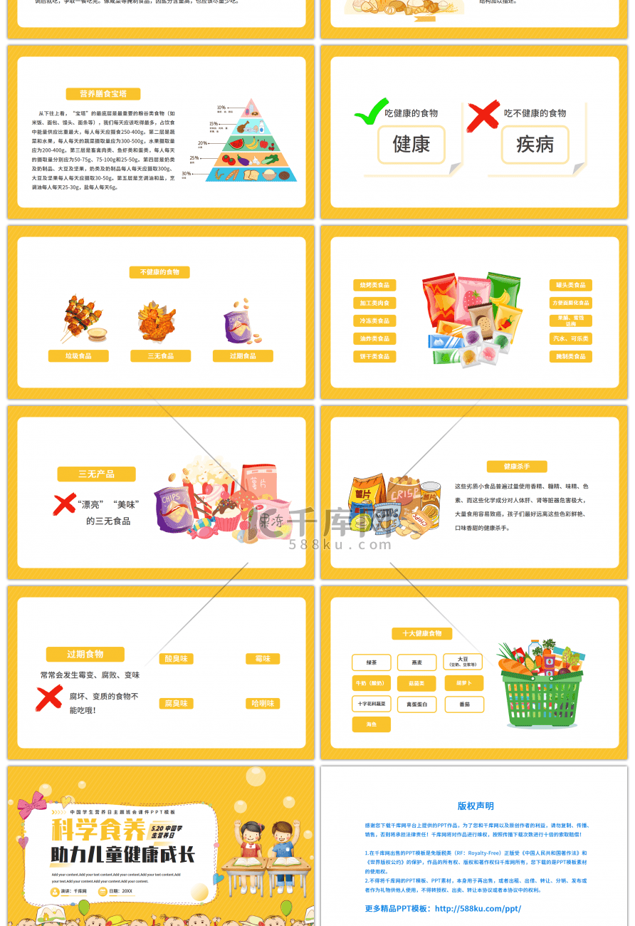黄色卡通幼儿园中国学生营养日主题班会课件幻灯片模板