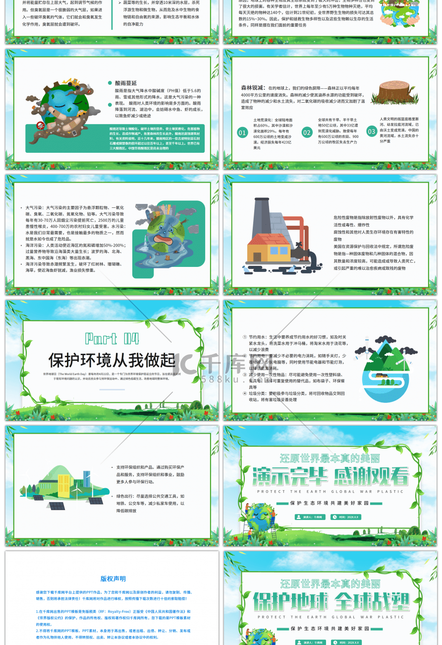 创意地球绿色简约保护地球全球战塑PPT模