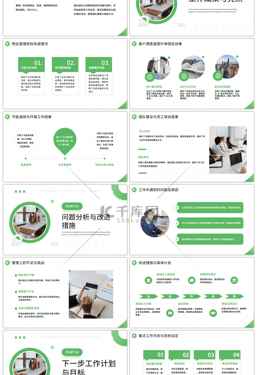 绿色简约物业管理经理述职报告PPT模板