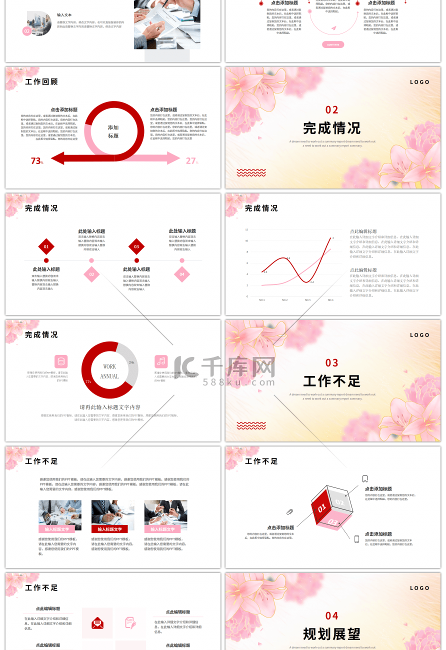 红色粉色小清新工作总结汇报PPT模板