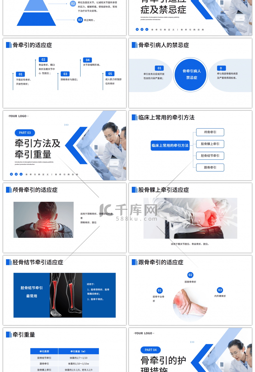 蓝色简约骨牵引病人的护理培训PPT模板