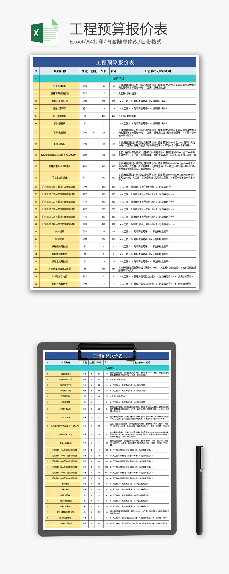 财务工程预算报价表excel模板-免费excel表格模板下载-千库网