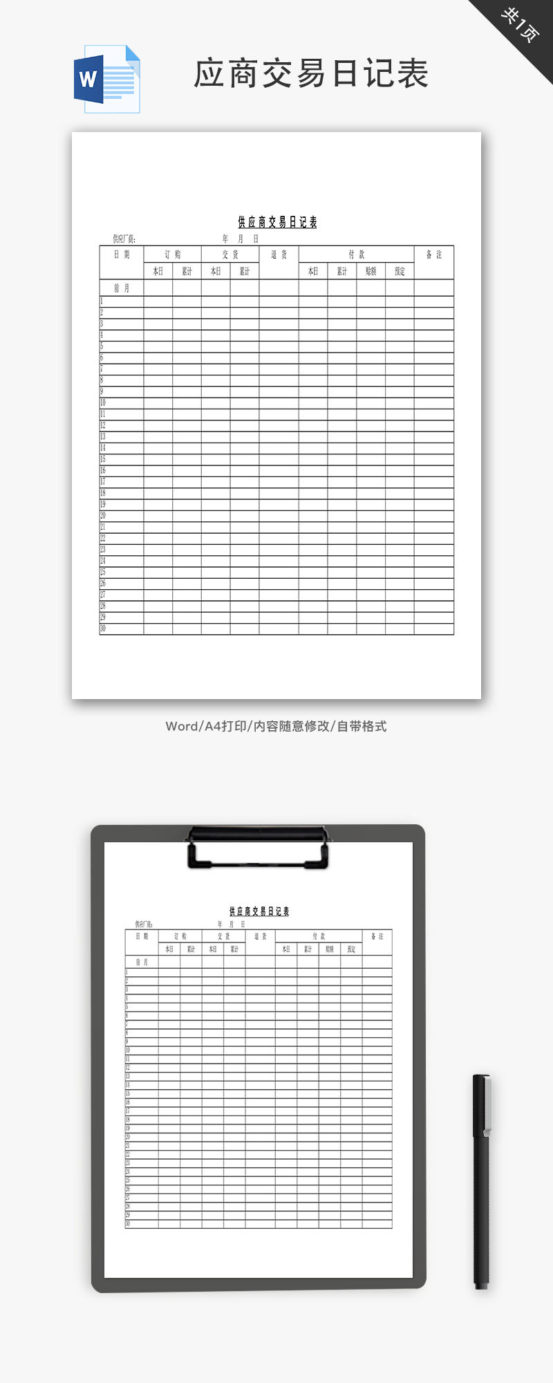 应商交易日记表Word文档-免费word模板下载-千库网