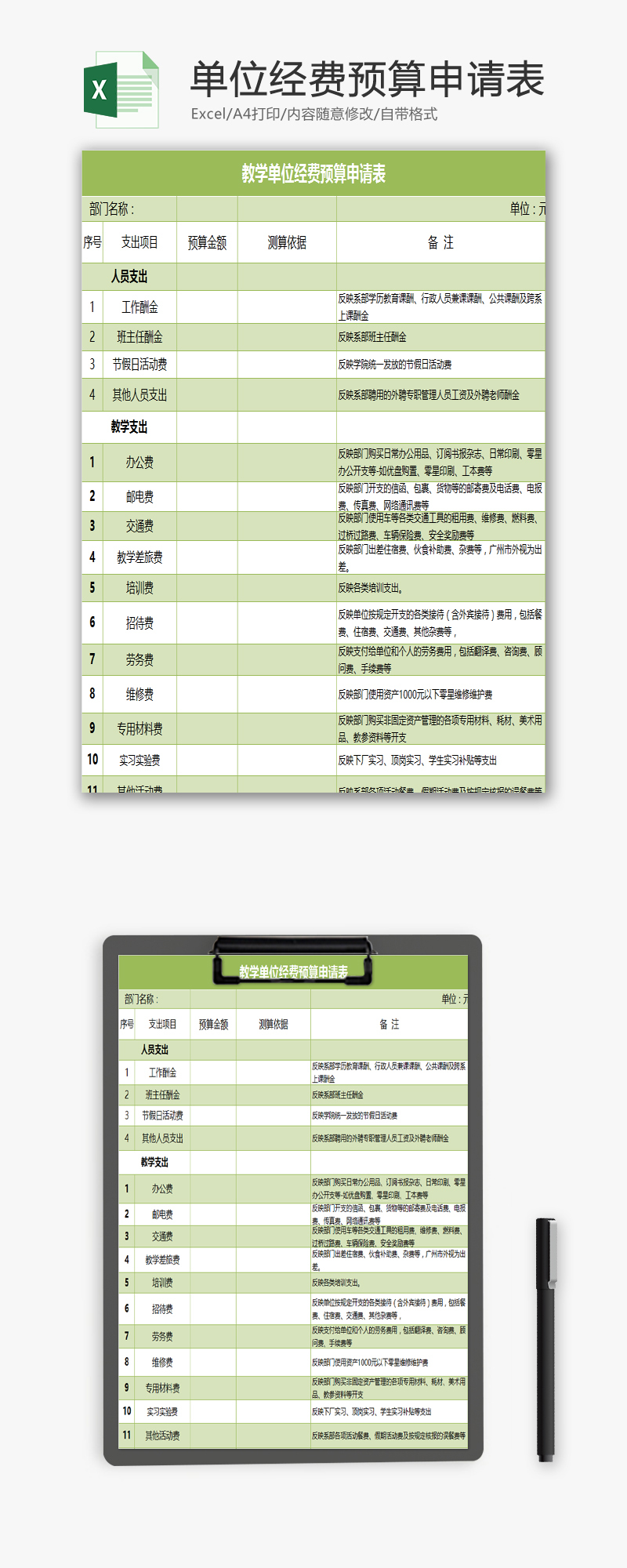 教学单位经费预算申请表EXCEL模板