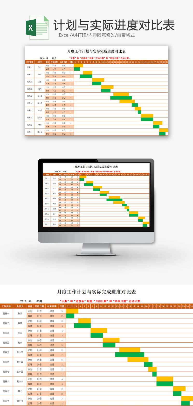 日常办公计划实际完成进度表Excel模板