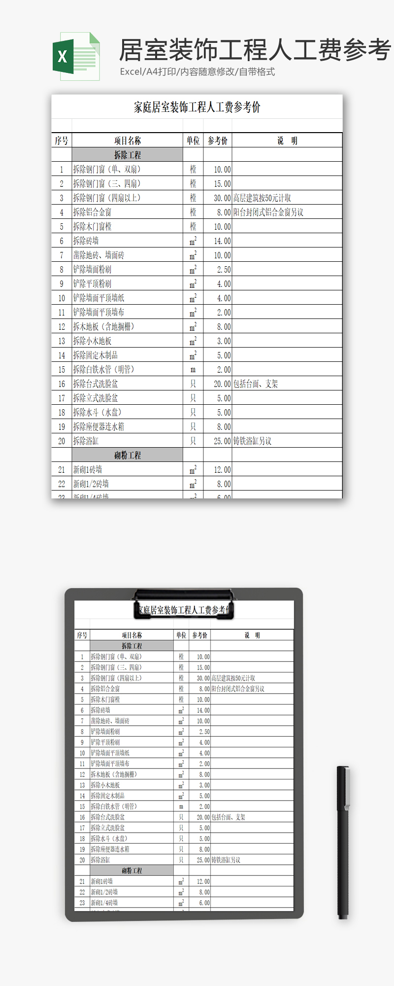 工程人工费参考价目表EXCEL模板-免费excel表格模板下载-千库网