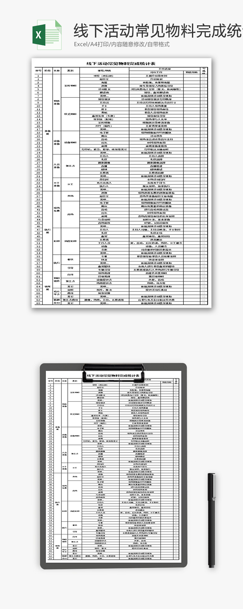 线下活动常见物料完成统计表Excel模板