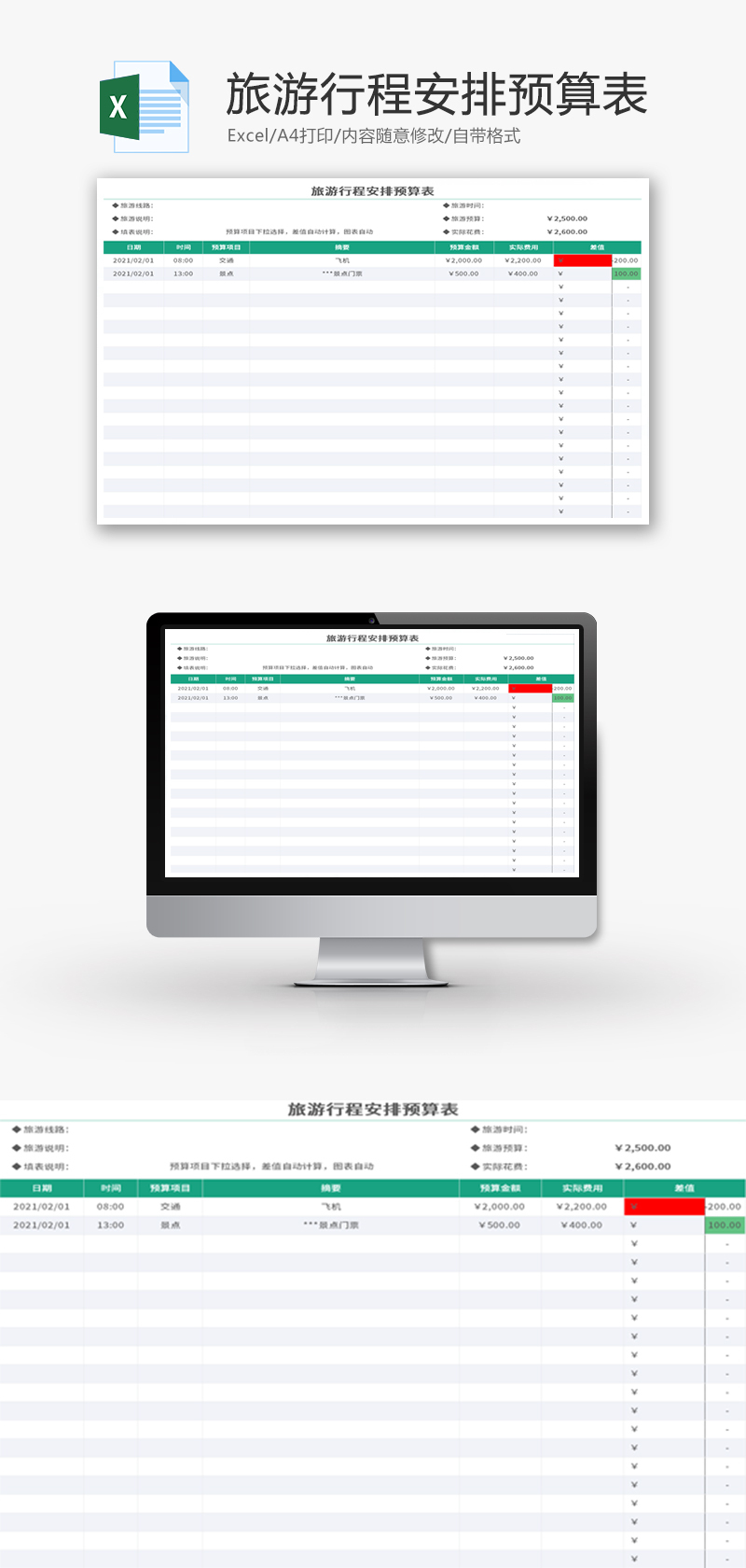 旅游行程安排预算表Excel模板-免费excel表格模板下载-千库网