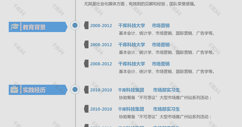 蓝灰色简约时尚市场专员大学生毕业求职简历