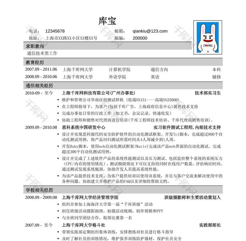 通信岗位互联网简历模板